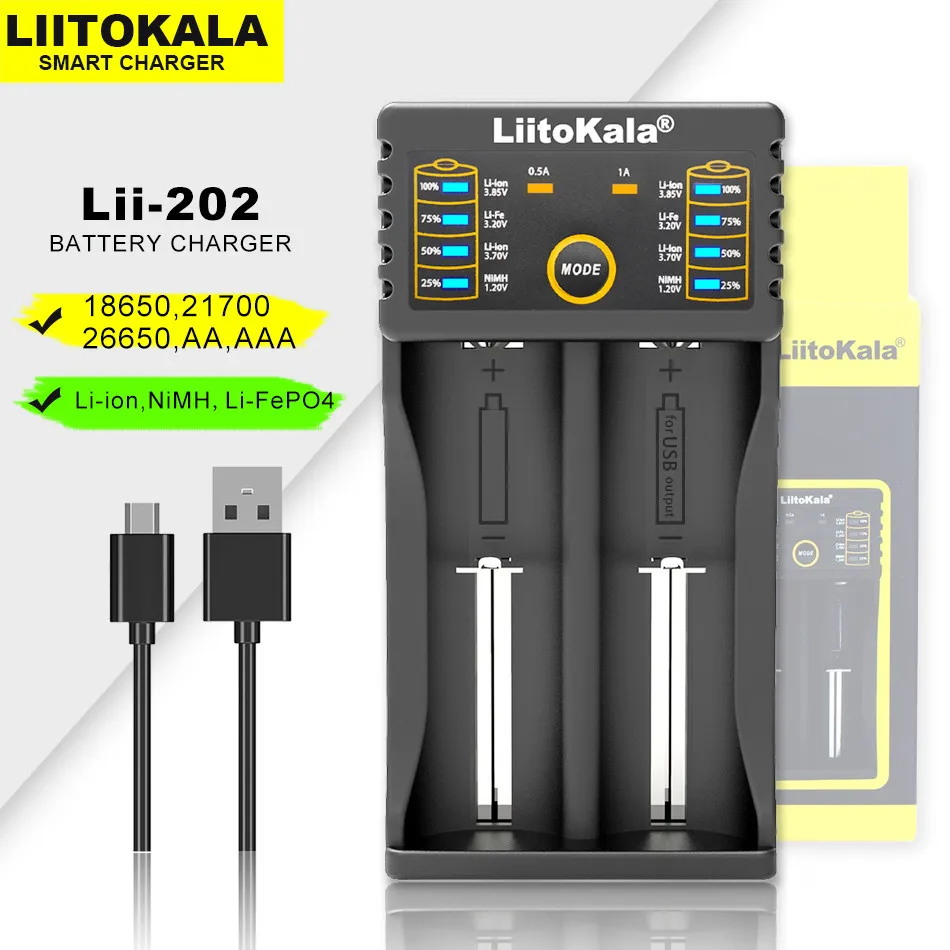

Liitokala LII-202 Lii-402 18650 charger USB input 26650 18500 21700 18500 14500 16340 10440 1.2 3.2 3.7V AA AAA Battery Charger