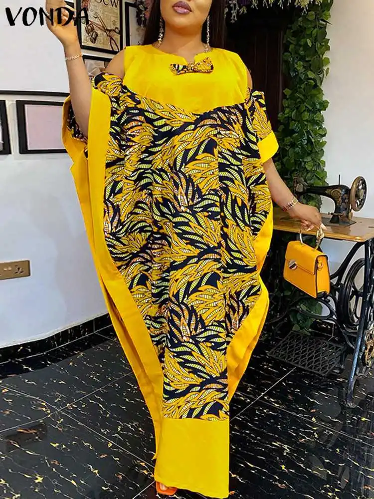 VONDA Long Dress Elegant Women Summer Maxi Satin Dress Casual Cold Shoulder Printed Split Bohemian Party Sundress Plus Size 5XL
