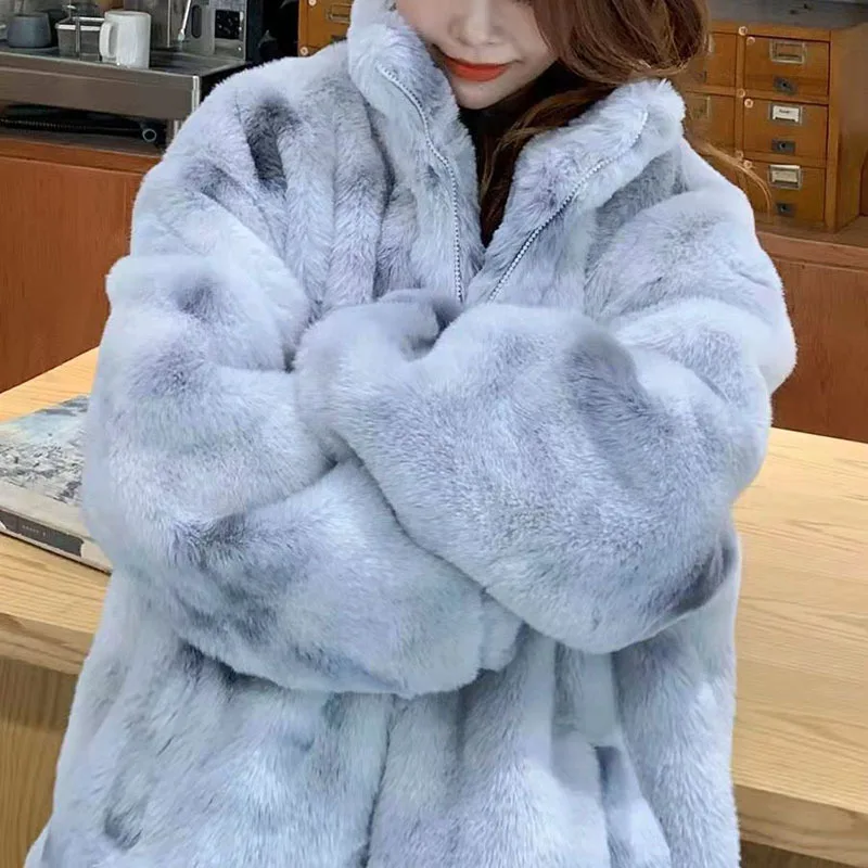 Fashion Tie-dye Lamb Wool Jacket 2022 Korean Version Loose Temperament All-match Medium And Long  Faux Fur Plush Coat