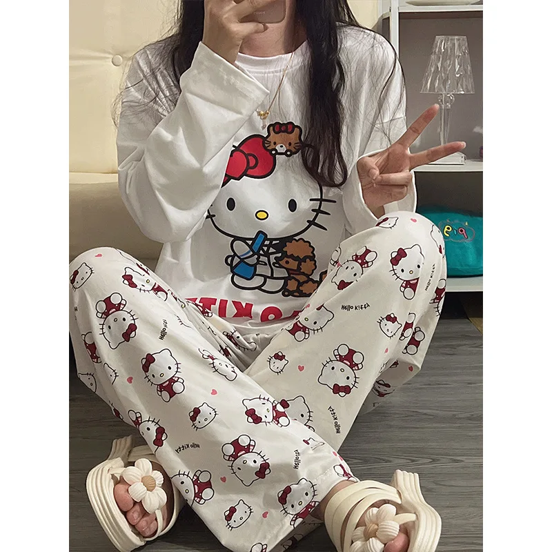 

Sanrio Hello Kitty Pajamas Casual Spring Fall Home Liberally Round Neck Long Sleeve Girls Nightwear Pants Casual Simple Homewear