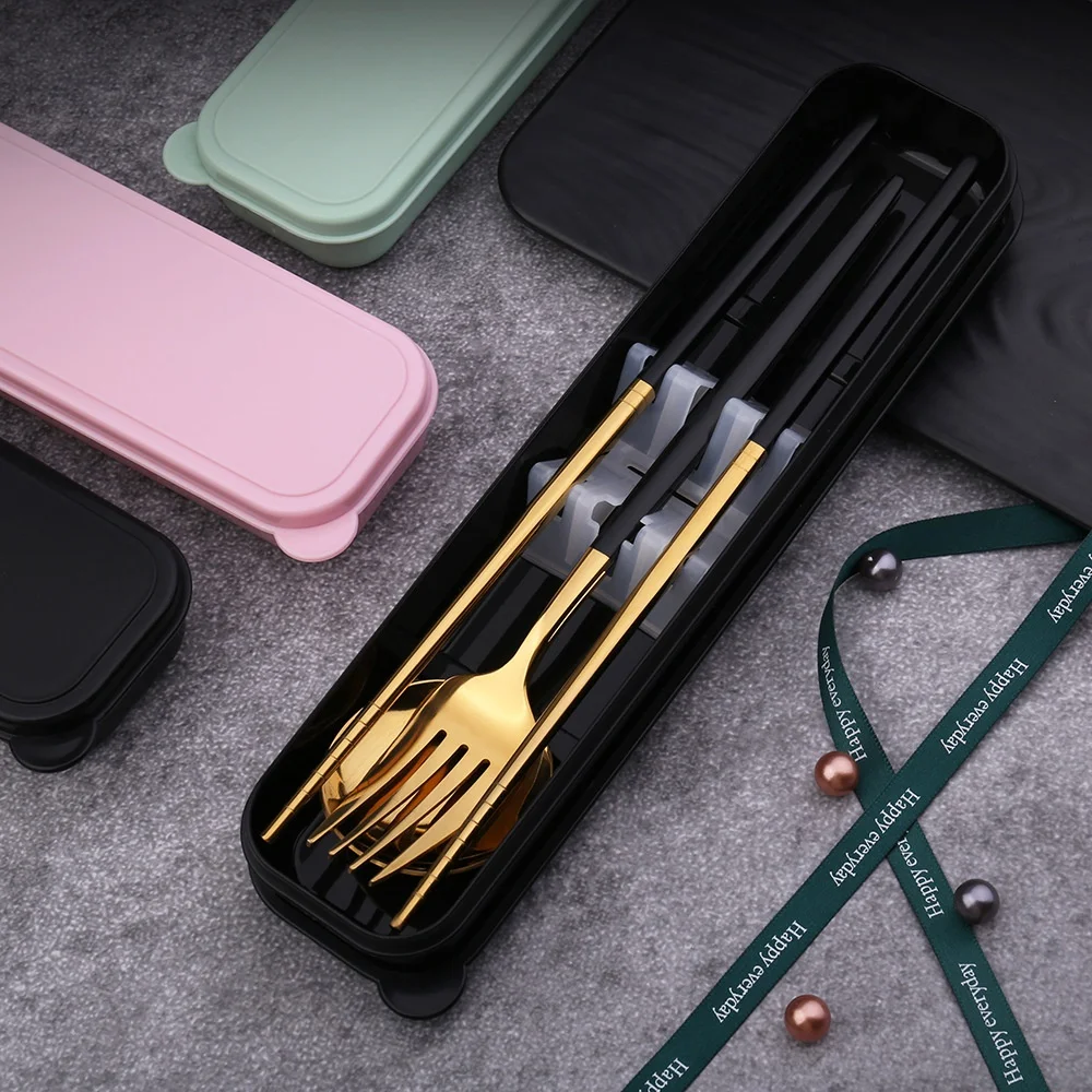 

3pcs/set Dinnerware Portable Gold Chopsticks Fork Spoon Sushi Stainless Steel Chinese Metal Food Sticks Gadget Tableware