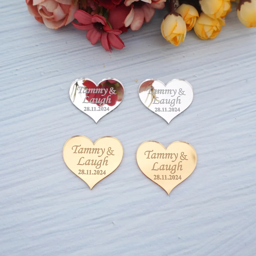 

5pcs Custom Name Date Small Heart Wedding Party Guest Gift Decoration Personalized Acrylic Mirror Tags Weeding Invitation Card