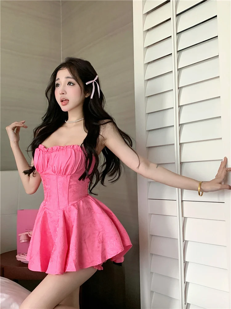 

Women Sleeveless Off Shoulder Sweet Mini Dress Corset Boning Lace Jacquard Slim Fit Pink Sexy Strapless Summer Dress