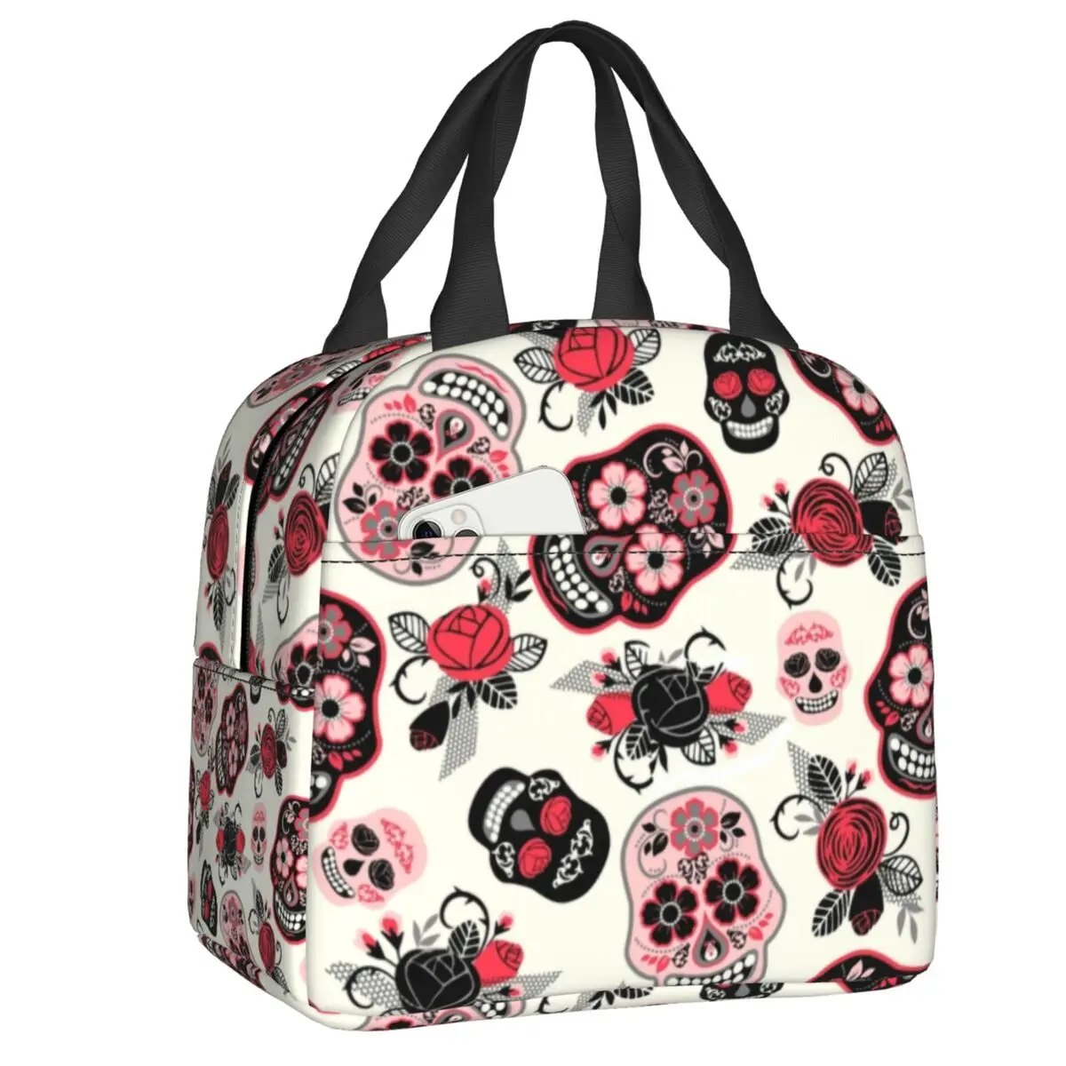 

Изолированная сумка для обеда с черепами для женщин, Мексиканский цветочный охладитель, Термосумка для бенто, офиса, работы, школы