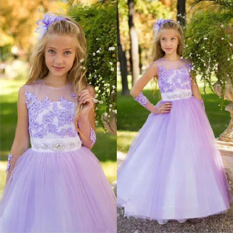 

Without Glove Formal Purple Kids Princess Beading Sash Flower Girl Dress For Wedding Party Vestido Baby First Comunion Celebrity