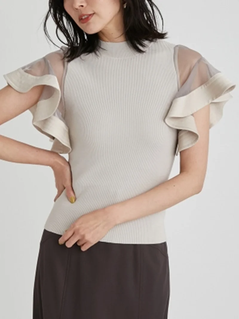 

Japanese Summer 2023 New Knitwear Elegant Slim Fit Solid Color Chic Sweaters Retro Mesh Patchwork Butterfly Sleeve Pullovers