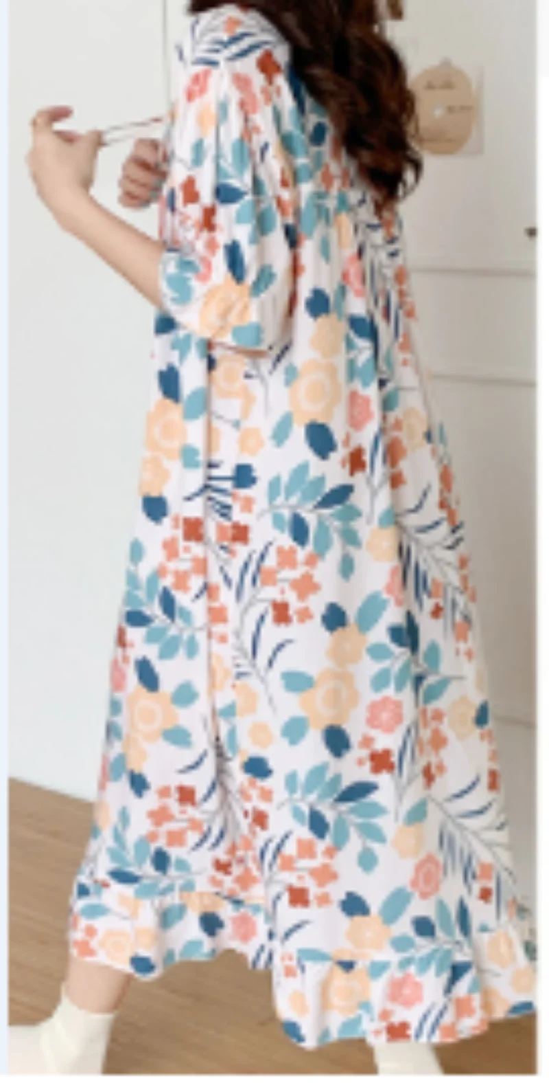 One-Piece Extended Women's Nightdress Clothes Round Neck Casual Ventilation Summer Home Art Dress Plus Size 5/4 Sleeve Korean