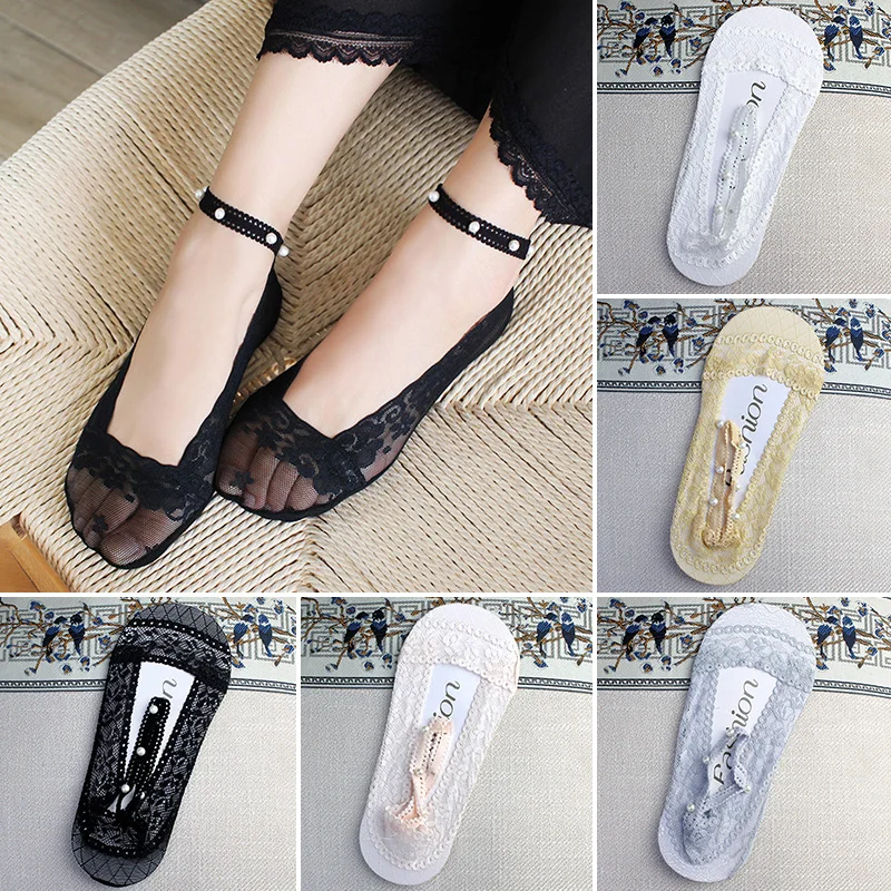 

Shallow Mouth Lace Pearl Anklet Strap Boat Socks For Women Tiktok Same Style Cotton Bottom Ice Thin Summer Invisible Socks