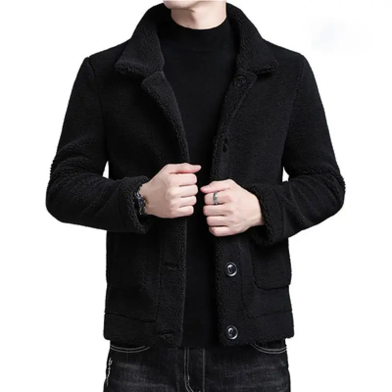 

2022 Winter New Faux Fur Woolen Coat Men Turn Down Collar Button Black Brown Casual Jacket Outwear Thickening Plus Size Overcoat