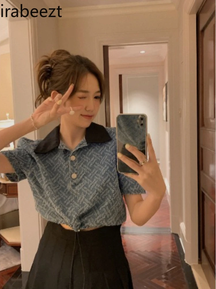 

Женская джинсовая рубашка Irabeezt с воротником на шнуровке, Новинка лета 2022, ретро Топ с пышными короткими рукавами, Повседневная винтажная бл...