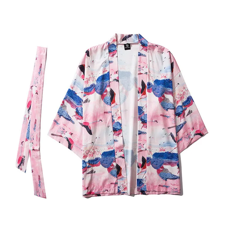 M-XXL Couple Rayon Kimono Robe Casual Cardigan 3/4 Sleeve Home Bathrobe Chinese Crane Tao Robe Underwear Coat Loungewear Hanfu