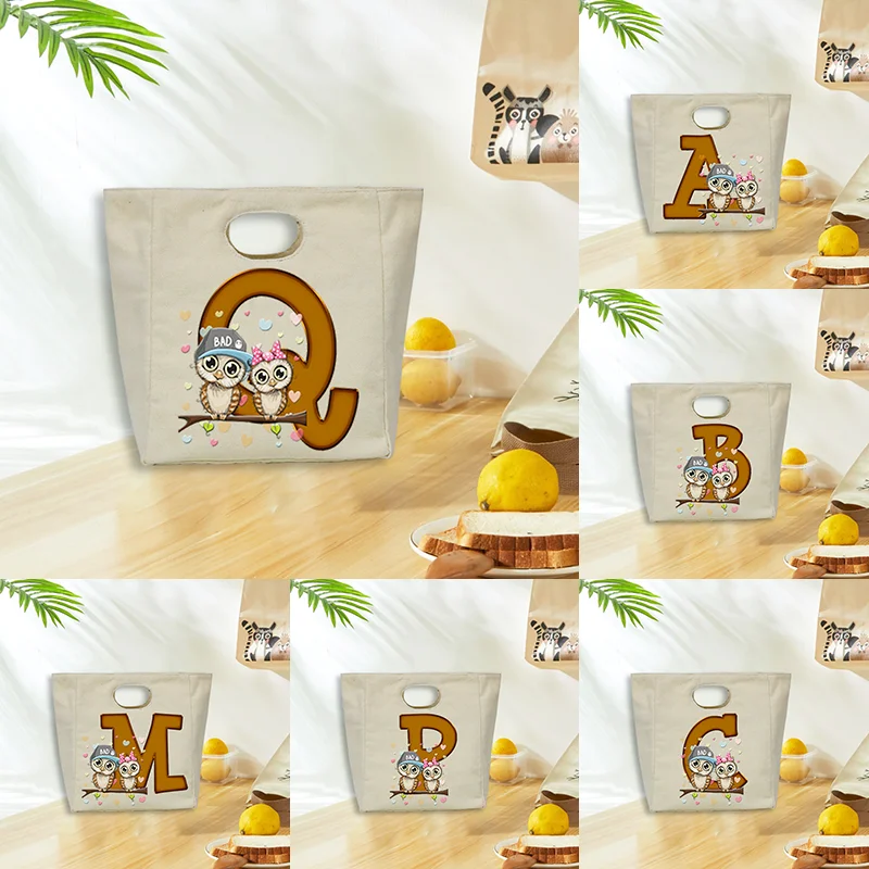 

Alphabet Owls Portable Lunch Bags Thermal Insulated Bento Box Totes Office Travel Picnic Cooler Bag Foods Storage Pouch Handbags