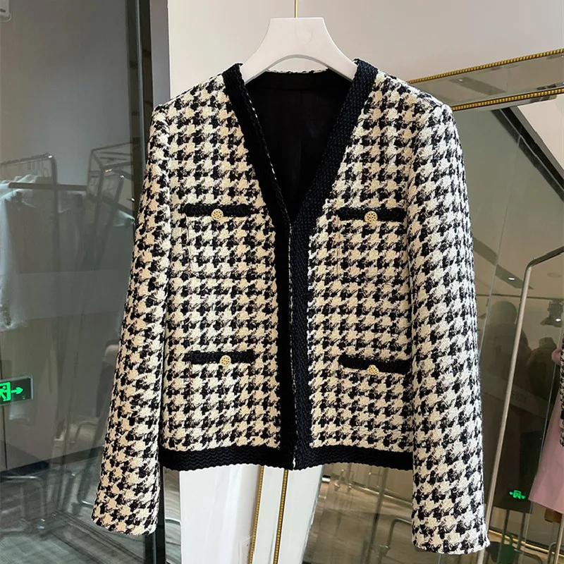 

2022 Spring Autumn France Style Women's High Quality Plaid V-neck Tweed Coat C904