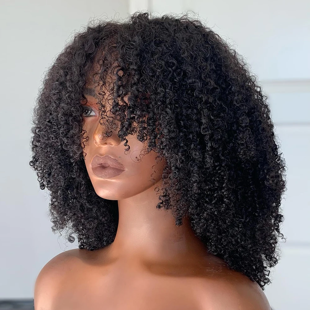 

200% Density Kinky Curly Full Machine Made Wigs Brazilian Human Hair Cheap Afro Curly Short Bob Wigs With Bangs For Black Women