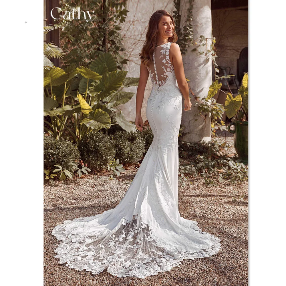 

Cathy Handmade Lace Embroidery Bridal Gown Tulle Sweep Train Trumpet Bridal Wedding Dresses Boho Fishtail Vestidos De Novia