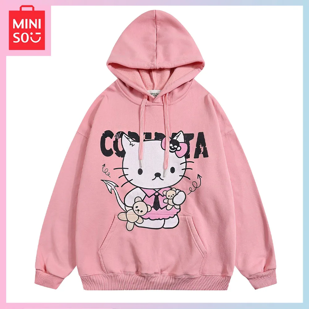 

Miniso Hello Kitty Fashion Trend Hooded Top Girl Autumn Winter Loose Drop Shoulder Casual Hoodie Birthday Christmas Gift