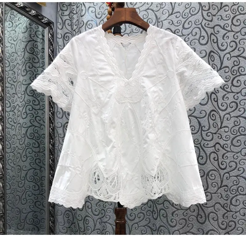 High Quality Cotton Blouses 2022 Summer Fashion Tops Women V-Neck Allover Exquisiite Embroidery Flare Sleeve White Blue Tops