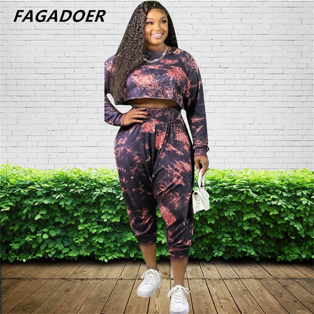 

FAGADOER Fashion Tie Dye Print Streetwear Two Piece Sets Women Long Sleeve Crop Top And Skinny Pants Tracksuits Female 2pcs Suit