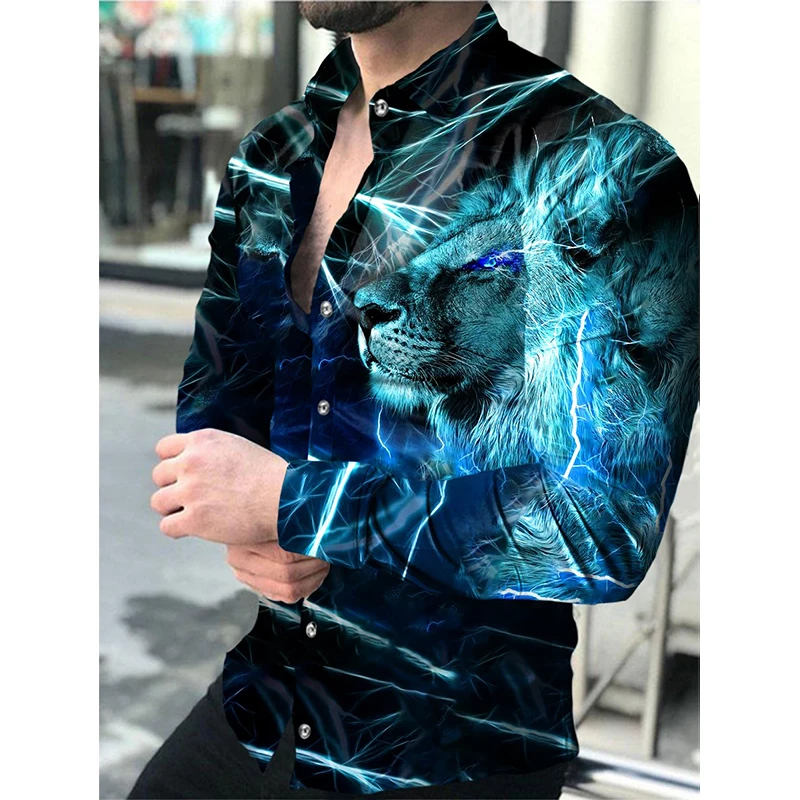Luxury Men's Turn-down Collar Shirts Wolf Print Casual Button Down Shirt Long Sleeve Tops Prom Cardigan Social Fashion