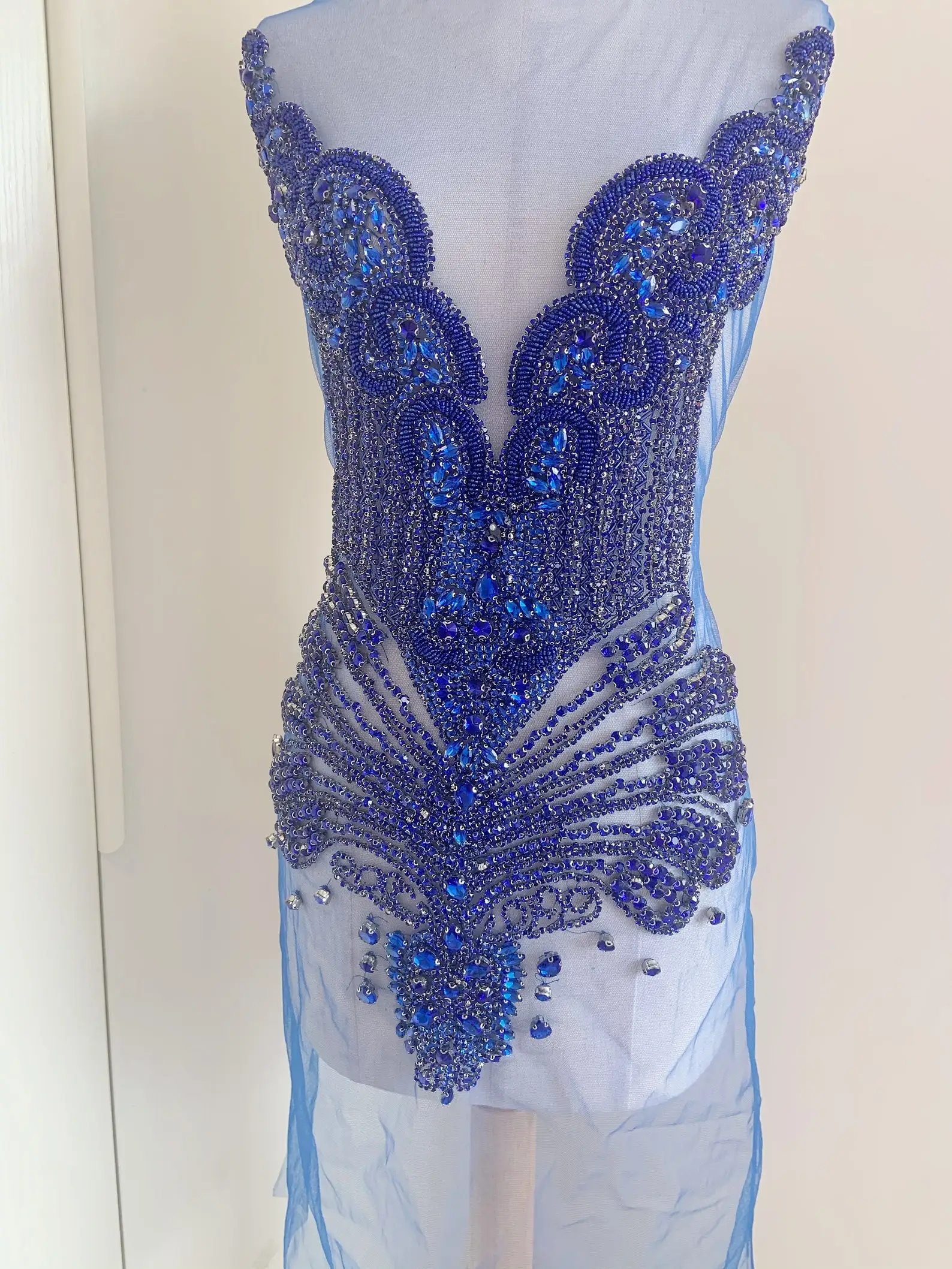 

Large Blue Rhinestone Bodice Applique for Bodysuit, Costume Sewing Beads Stones Trim Patches Accessory for Dress