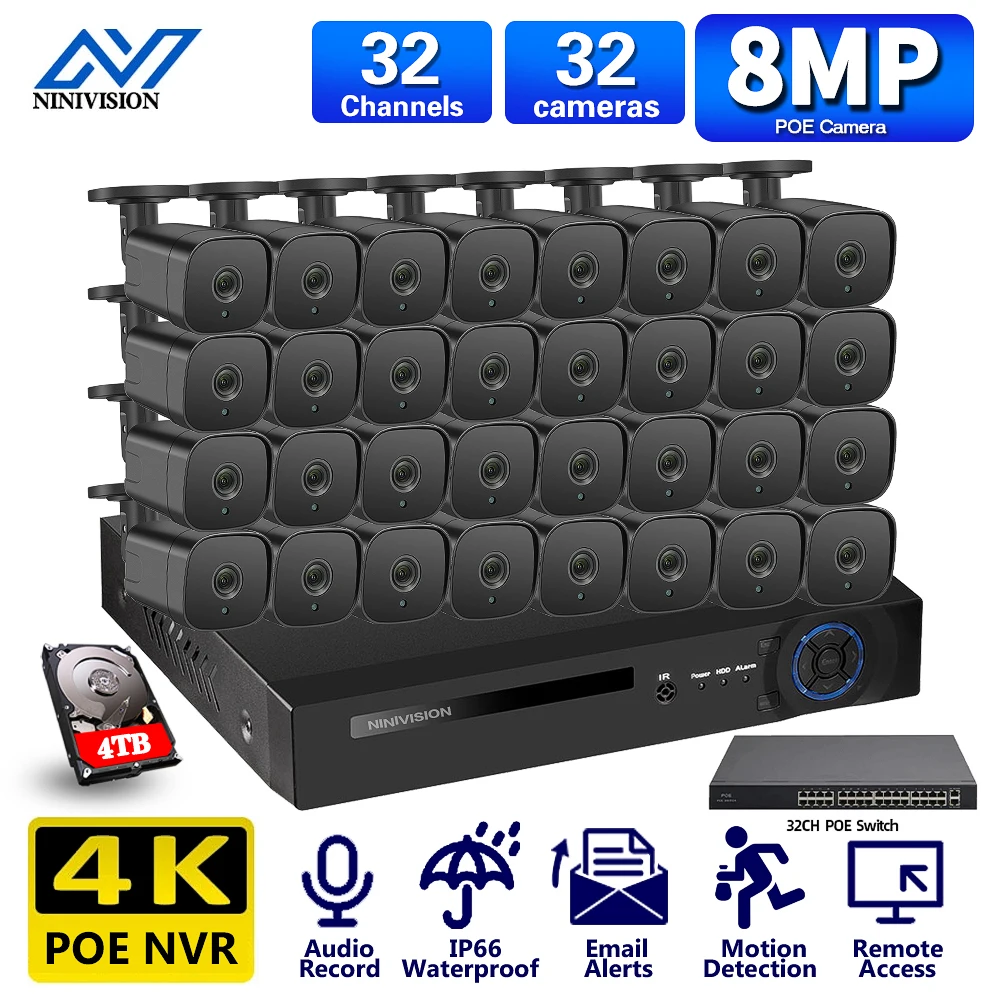 

4K 5/8MP 32CH HD NVR With Audio CCTV System Outdoor IP66 Waterproof 8.0MP Bullet Human Detection Video Surveillance Camera Set