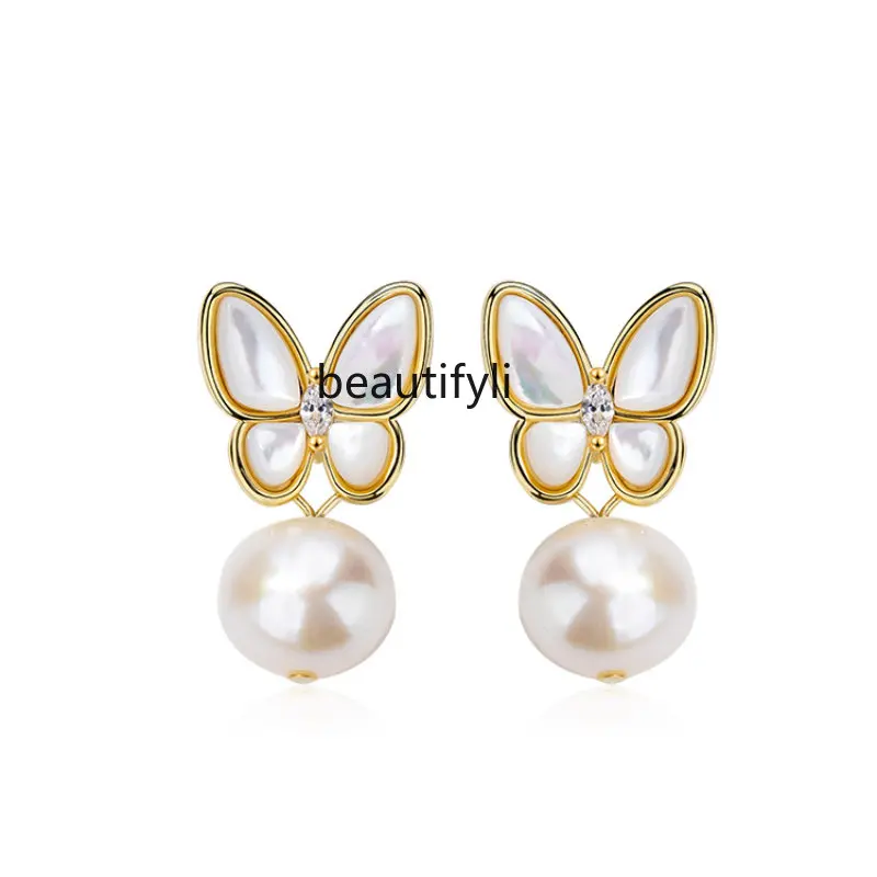 

zq Butterfly Freshwater Pearl Earrings Female Silver Earrings Niche Design High Sense Earrings for Summer
