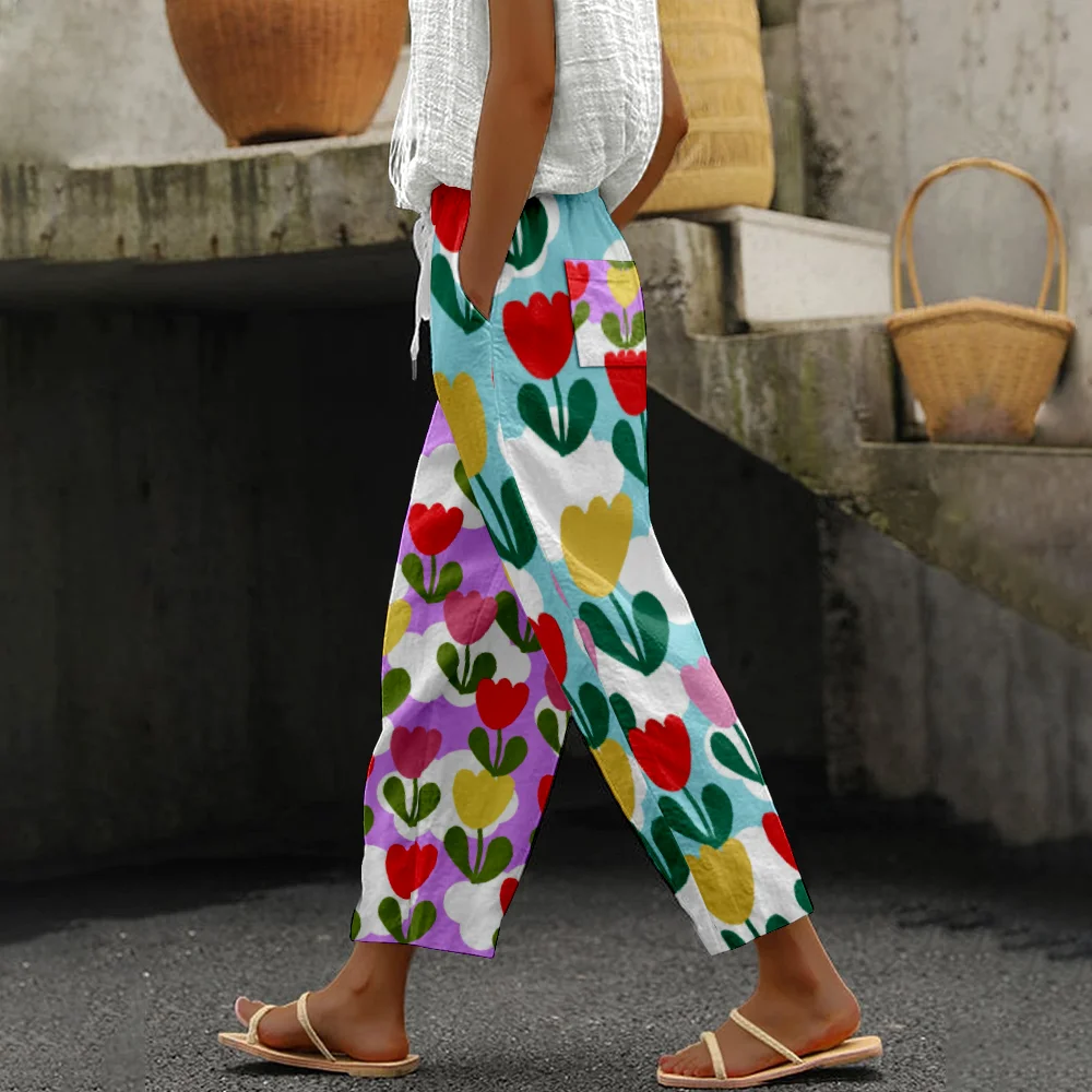 Брюки женские летние с цветочным принтом модные повседневные султанки
