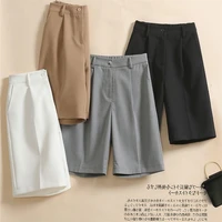 white suit shorts women 2022 high waist button pockets straight shorts ladies summer office loose knee length pants