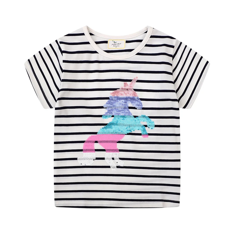 

Girls Sequined Unicorn T-shirts Summer Kids Black and White Striped Casual Top 2-7Y All-match T-shirt Children Cartoon Clothes