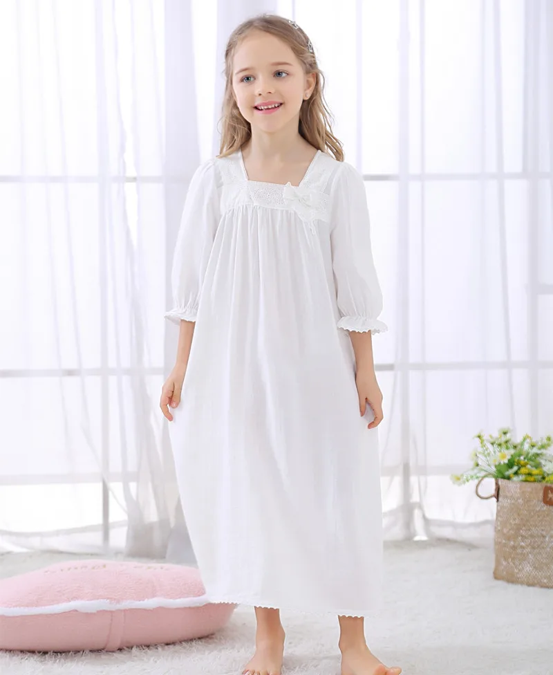 

Girl Princess Pajamas Dress Fashion Square Collar White Bow Sleepwear Children Clothing Casual 100% Cotton Pajama for Baby Kids