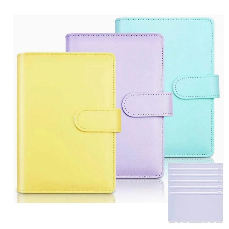 

3 Pcs A6 PU Leather Notebook Binder With Magnetic Buckle Closure And 6 Pieces Of Waterproof PVC Loose Leaf Zipper Bags
