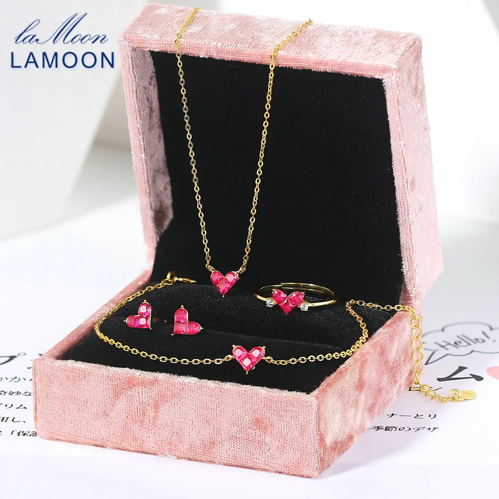 

GOLUCA 925 Sterling Silver Jewelry Sets For Women Sweety Heart Synthetic Corundum 14K Gold Plated Fine Jewelry Korea Style V096