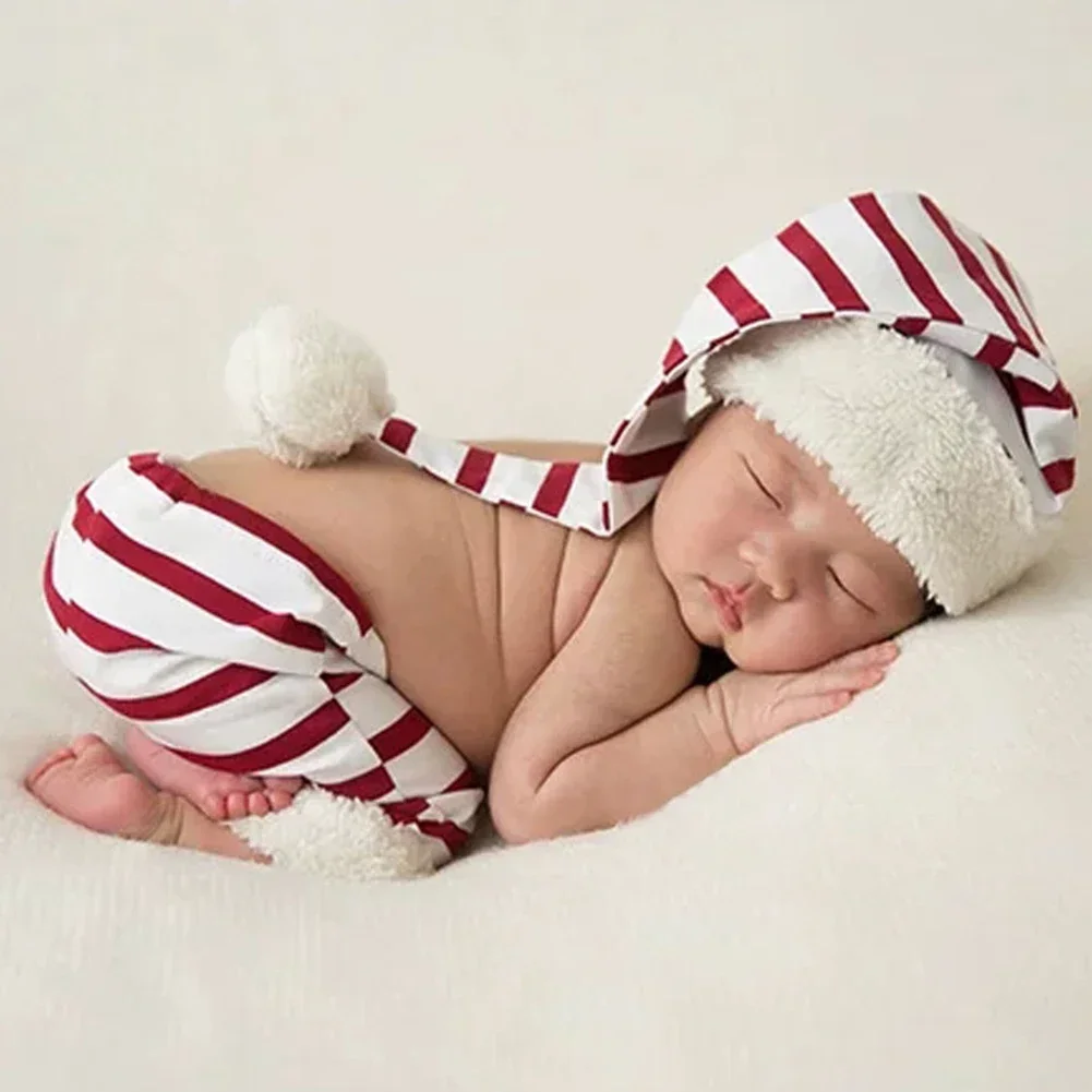

Рождественский мягкий дышащий костюм в полоску для новорожденных, Рождественская милая детская одежда с шапкой, реквизит для фотографирования, Детский костюм на день рождения