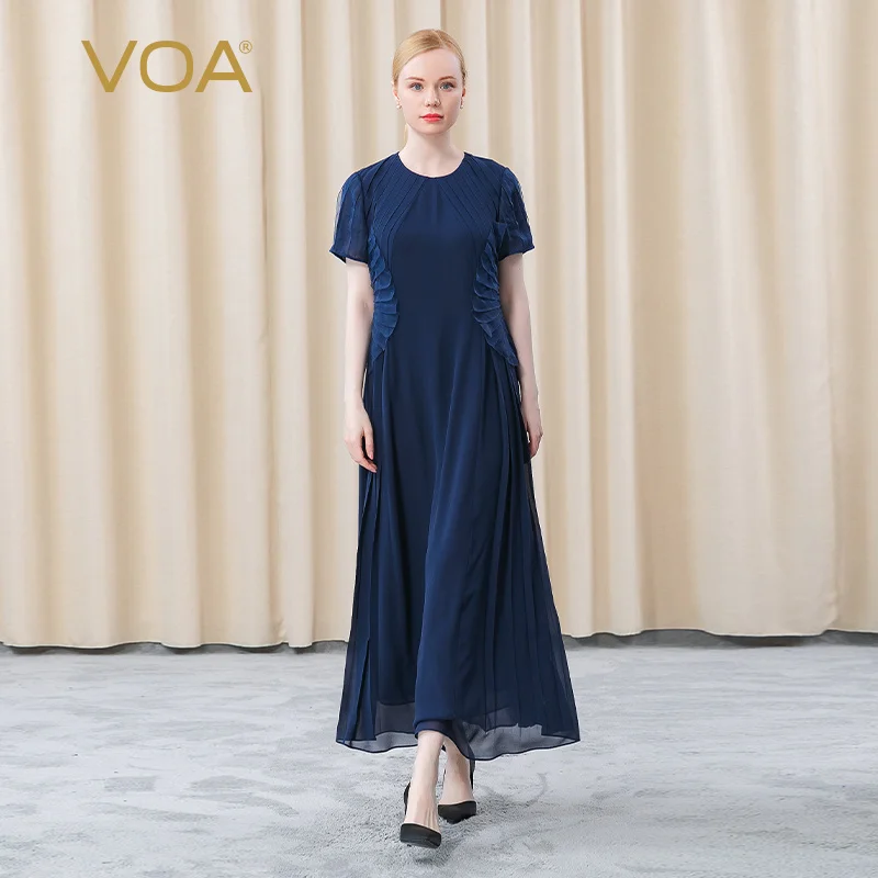 

(Fans Exclusive Discount) VOA Silk O-neck Short Sleeve Summer Dresses Three-dimensional Decoration Elegant Party Dress AE633