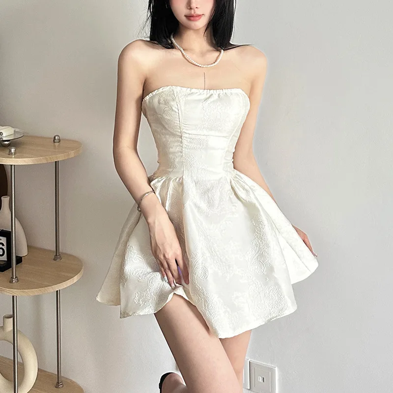 

New Summer Harajuku Strapless Dress Solid Casual A-Line High Mini Dresses Woman Waist Loose Printing Slash Neck Short