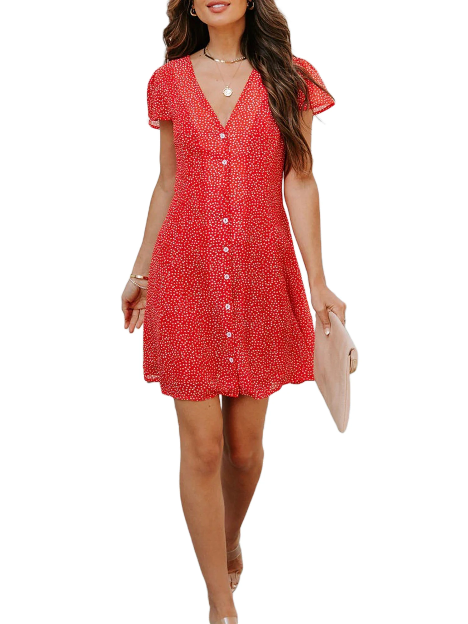 

Женское винтажное платье с коротким рукавом, V-образным вырезом и пуговицами