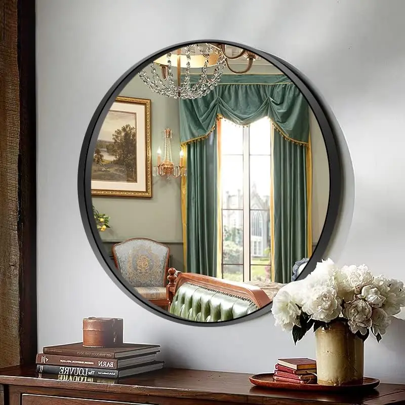 

Circle Brushed Nickel Silver Mounted Round Mirror, Glass Panel Circle Deep Set Design Stainless Steel Framed Mirror for Bathro