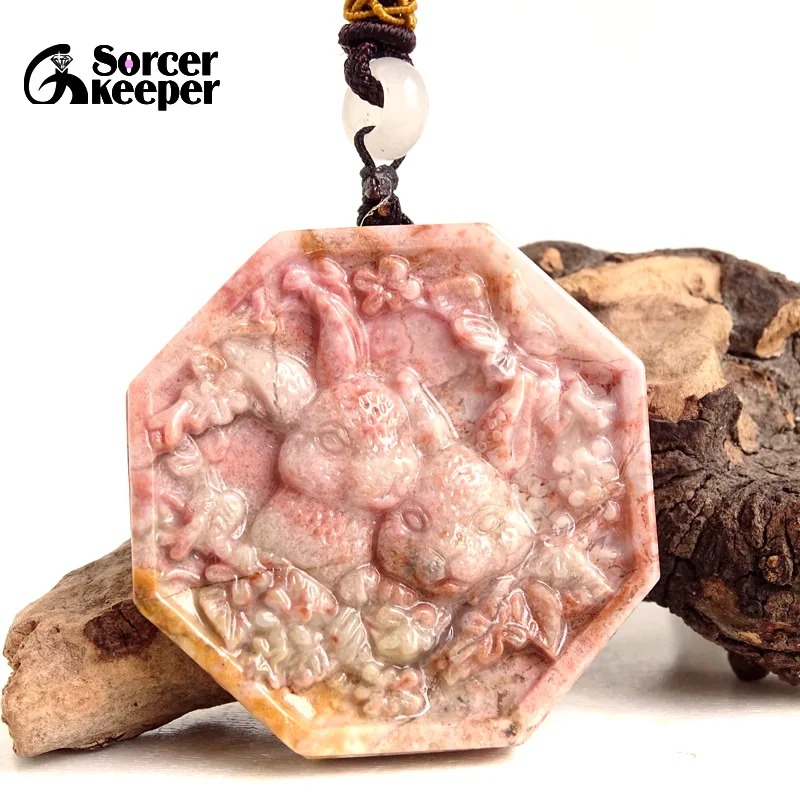 

Wholesale China Hand Carving Jewelry Fashion Natural Rhodonite Jade Pendant Necklace Rabbit Jasper Amulet Men Women Gifts BH638