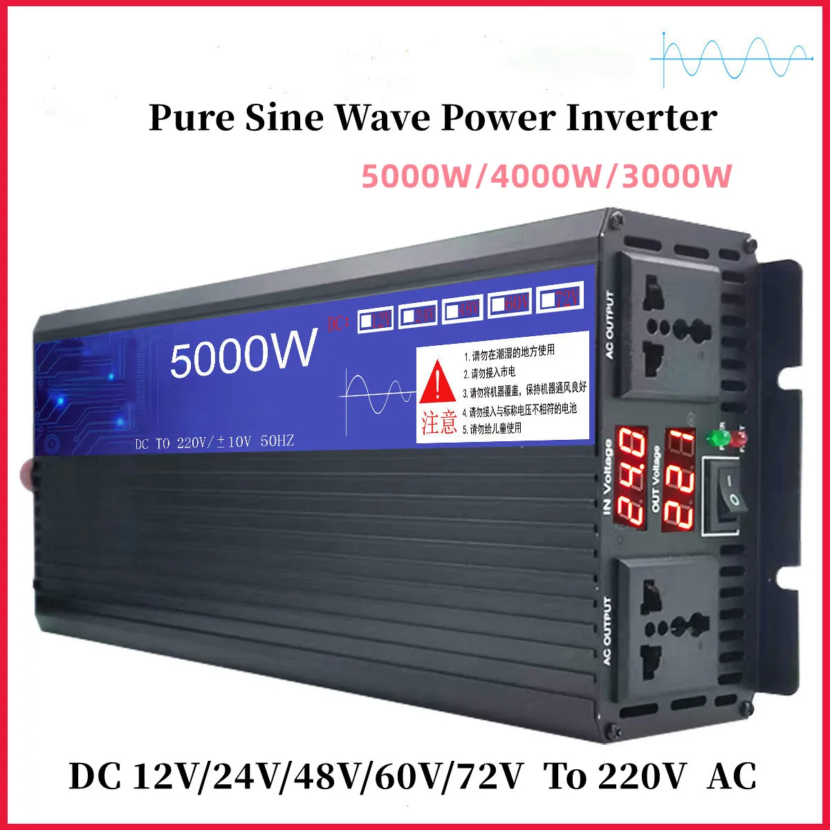 

Pure Sine Wave Power Inverter 5000W 4000W 3000W DC 12V 24V 48V 60V 72V To AC 220V Power Bank Transformer Solar Car Inverters
