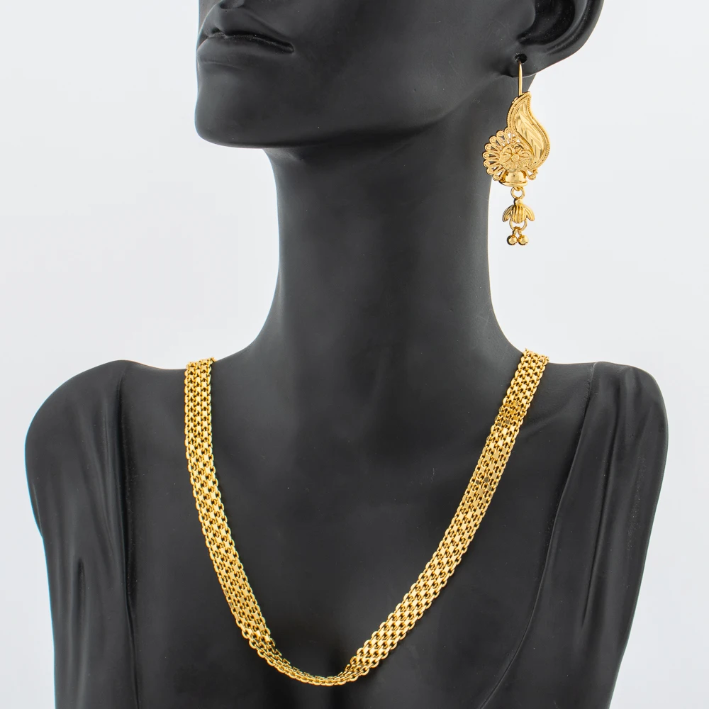 

Drop Earrings with Chain Necklace Jewelry Set for Women African Dubai 18k Gold Color Dangle Earrings and Necklace Jewelry Set