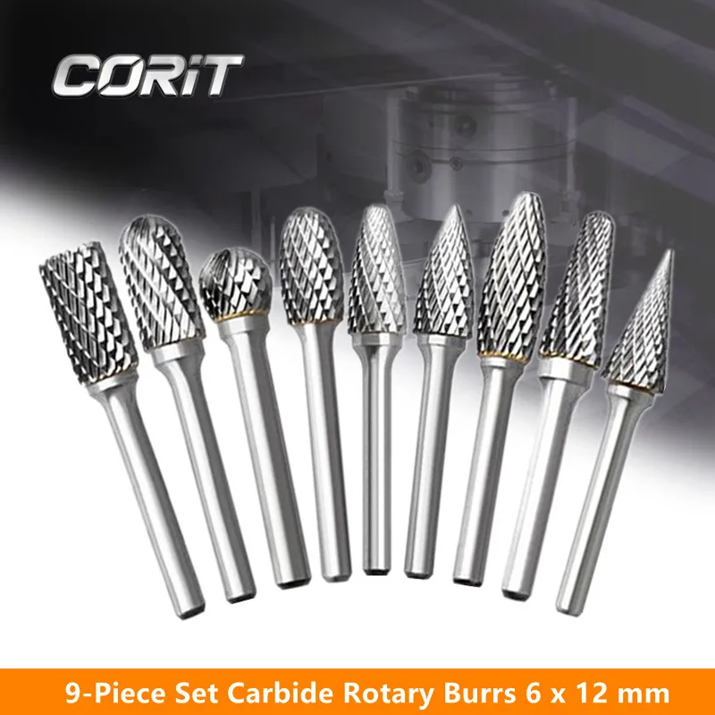 CORIT 9-Piece Set 6mm Shank Tungsten Carbide Rotary Burr Drill Bit 6x12mm Double Cut Wood Grinding Rotary Dremel Tools