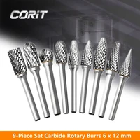 corit 9 piece set 6mm shank tungsten carbide rotary burr drill bit 6x12mm double cut wood grinding rotary dremel tools