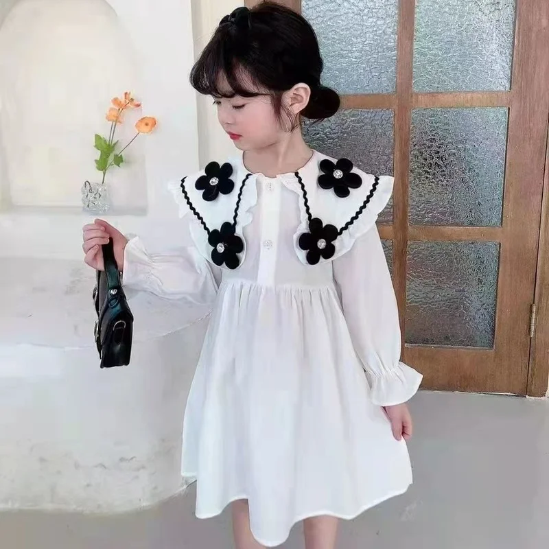 

Little Girl Spring Cotton Dress Full Flower Big Turn-down Collar White Princess Dress New Design Korean Baby Girls Clothes