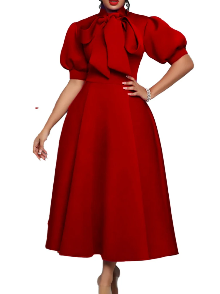 Large size women's summer new bow celebrity solid color banquet dress skirt short sleeve plus size dresses