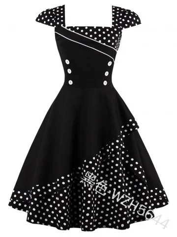 Женское винтажное платье в горошек черное стиле ретро 50-60-х годов туника с пышной