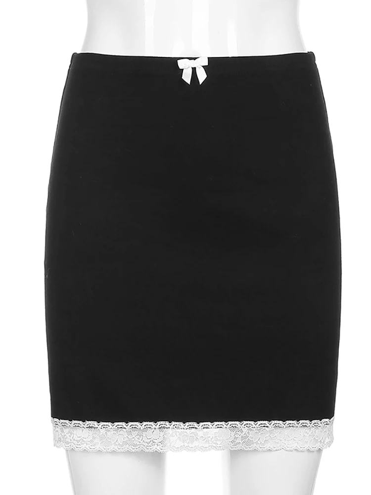 

Goth Dark E-Girl Y2k Bow Front Black Mini Skirts Gothic High Waist Lace Patchwork A-Line Slim Skirt Women Fashion Sexy Clubwear