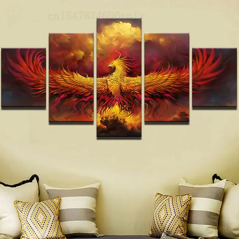 

Абстрактный золотой огонь феникс комиксы Печать на холсте картина настенное искусство домашний Декор 5 панелей печатные изображения HD без ...