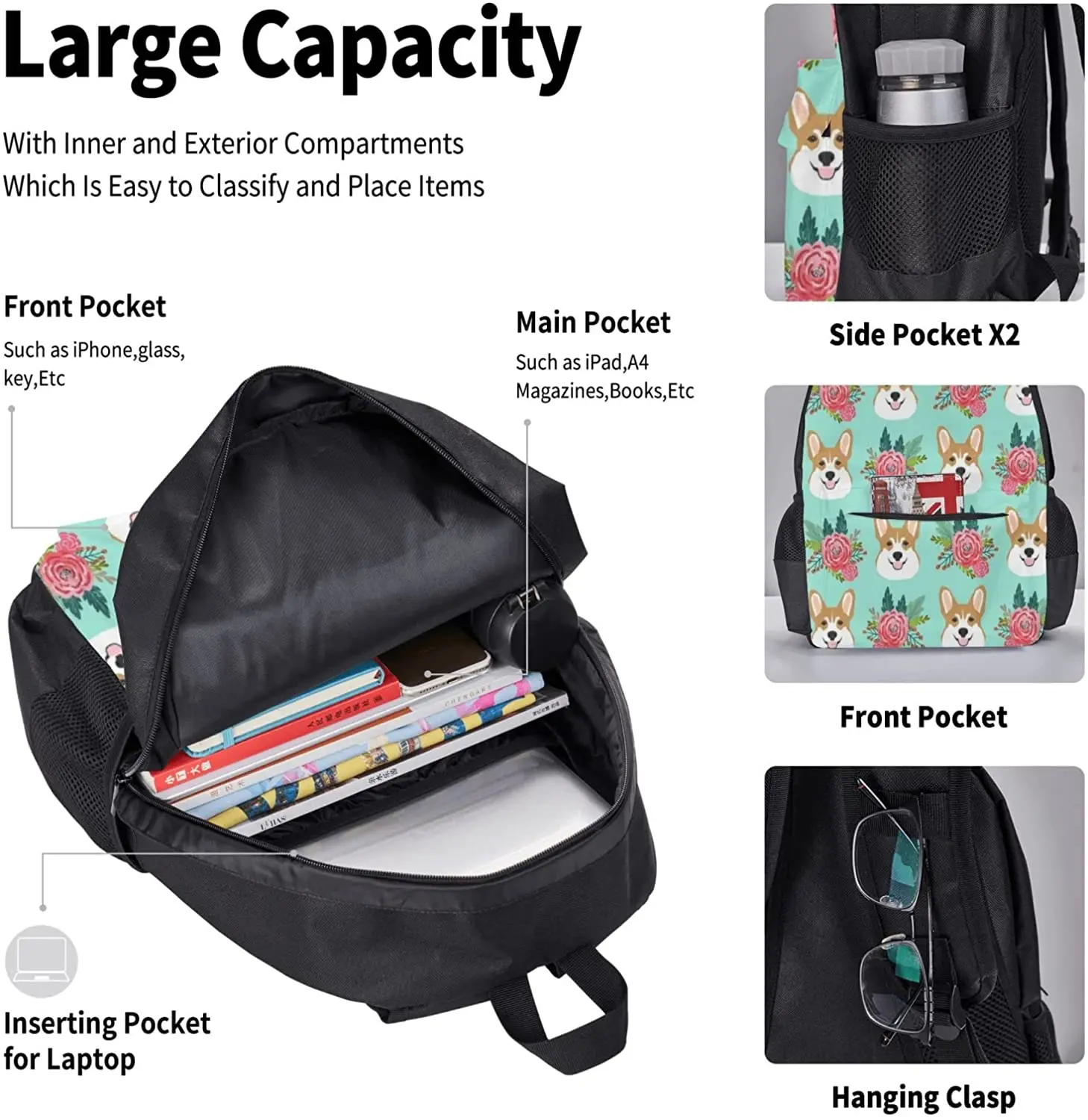 Kid School Backpack Corgi Dog Mint Cute Schoolbag Travel Bag Casual Daypack Lunch Bag Pencil Case for Boys Teens Girls 3pcs Sets