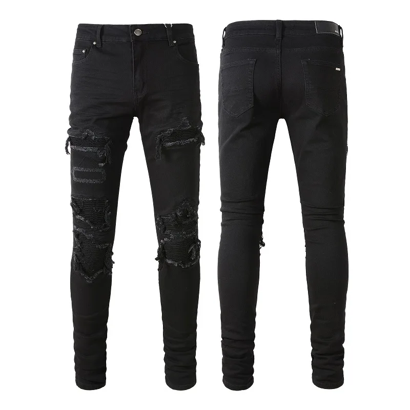

New Mens Distressed Patchwork Ripped Destroyed Denim Ribs Patches Hollow Out Slim Stretch Washed Jeans Black Pants Size 28-40