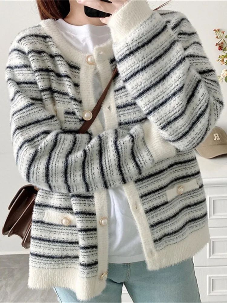 

Contrasting Stripes Sweater for Women Fashion Vintage Sueter Mujer Preppy O-neck Casual Knitted Tops Cropped Cardigan Jackets